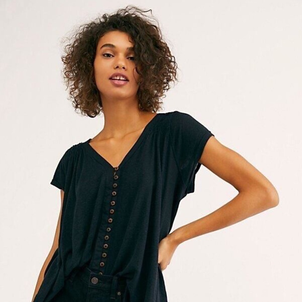 NEW FREE PEOPLE Sz XS HIGHLAND OVERSIZED TEE SHIRT BUTTON TUNIC TOP BLACK